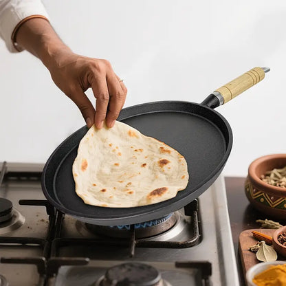 🔥 Premium Cast Iron Flat Tawa with Wooden Handle – Multi-Purpose Cooking Pan 🍳