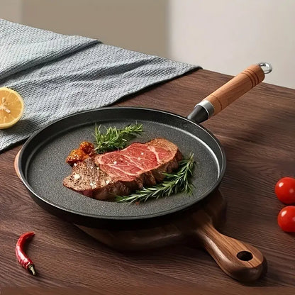 🔥 Premium Cast Iron Flat Tawa with Wooden Handle – Multi-Purpose Cooking Pan 🍳