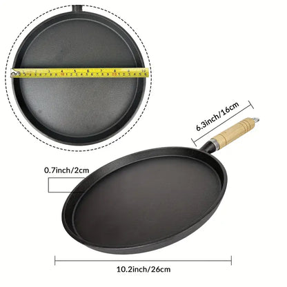 🔥 Premium Cast Iron Flat Tawa with Wooden Handle – Multi-Purpose Cooking Pan 🍳