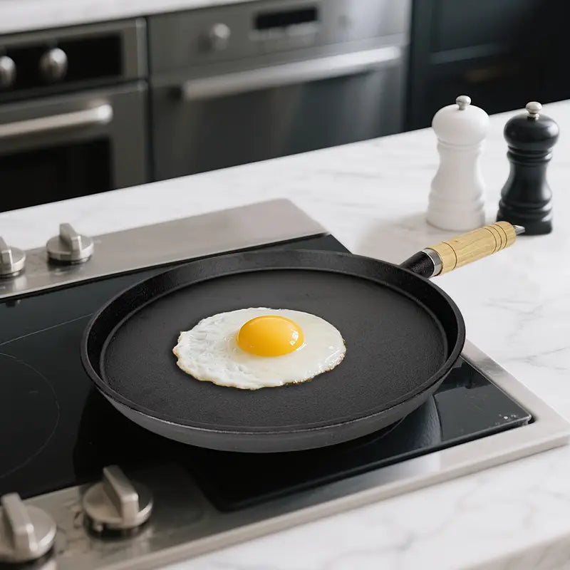 🔥 Premium Cast Iron Flat Tawa with Wooden Handle – Multi-Purpose Cooking Pan 🍳