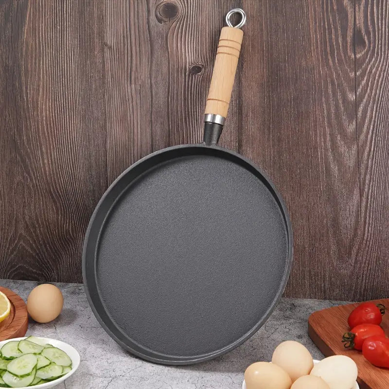 🔥 Premium Cast Iron Flat Tawa with Wooden Handle – Multi-Purpose Cooking Pan 🍳