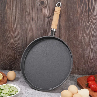 🔥 Premium Cast Iron Flat Tawa with Wooden Handle – Multi-Purpose Cooking Pan 🍳