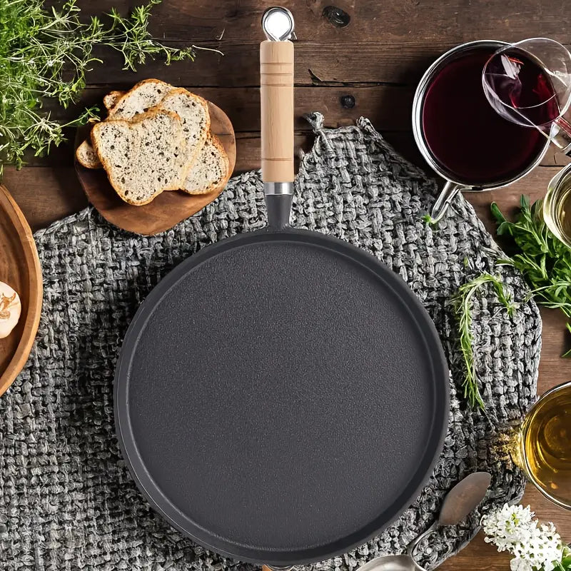 🔥 Premium Cast Iron Flat Tawa with Wooden Handle – Multi-Purpose Cooking Pan 🍳