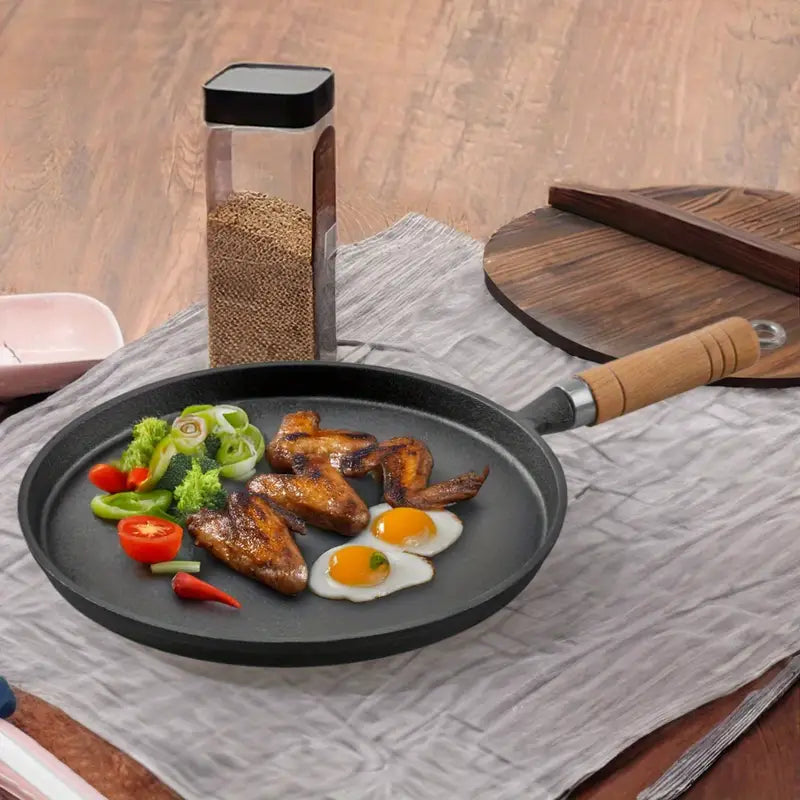 🔥 Premium Cast Iron Flat Tawa with Wooden Handle – Multi-Purpose Cooking Pan 🍳