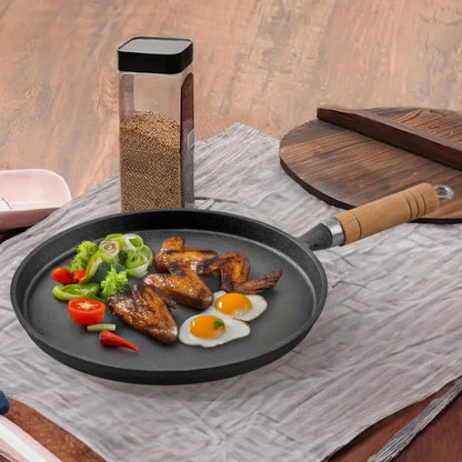 🔥 Premium Cast Iron Flat Tawa with Wooden Handle – Multi-Purpose Cooking Pan 🍳