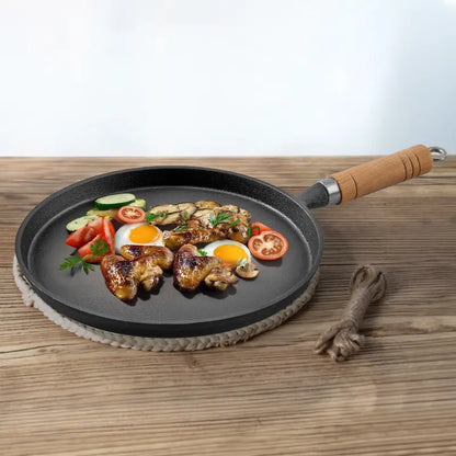 🔥 Premium Cast Iron Flat Tawa with Wooden Handle – Multi-Purpose Cooking Pan 🍳